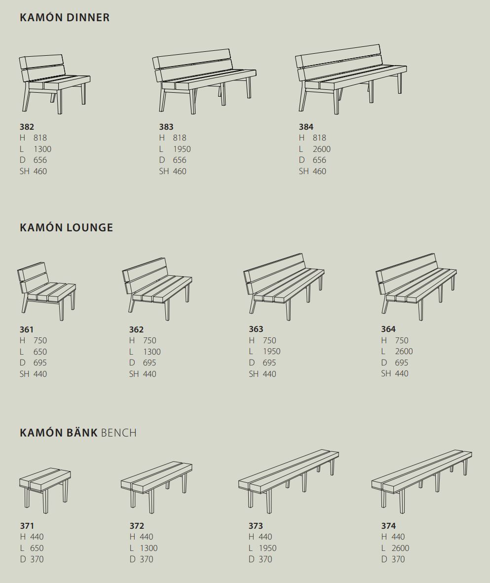 Kamón | Dinner-Kamón Dinner ist ein Sofa, das eine aufrechtere Sitzposition bietet und für Tische mit einer Höhe von 720 bis 740 mm geeignet ist.